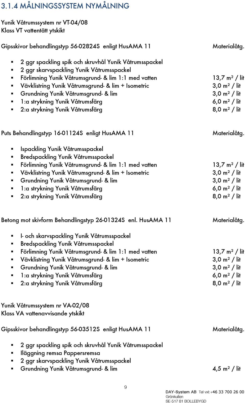 Våtrumsgrund- & lim 3,0 m² / lit 1:a strykning Yunik Våtrumsfärg 6,0 m² / lit 2:a strykning Yunik Våtrumsfärg 8,0 m² / lit Puts Behandlingstyp 16-01124S enligt HusAMA 11 Ispackling Yunik