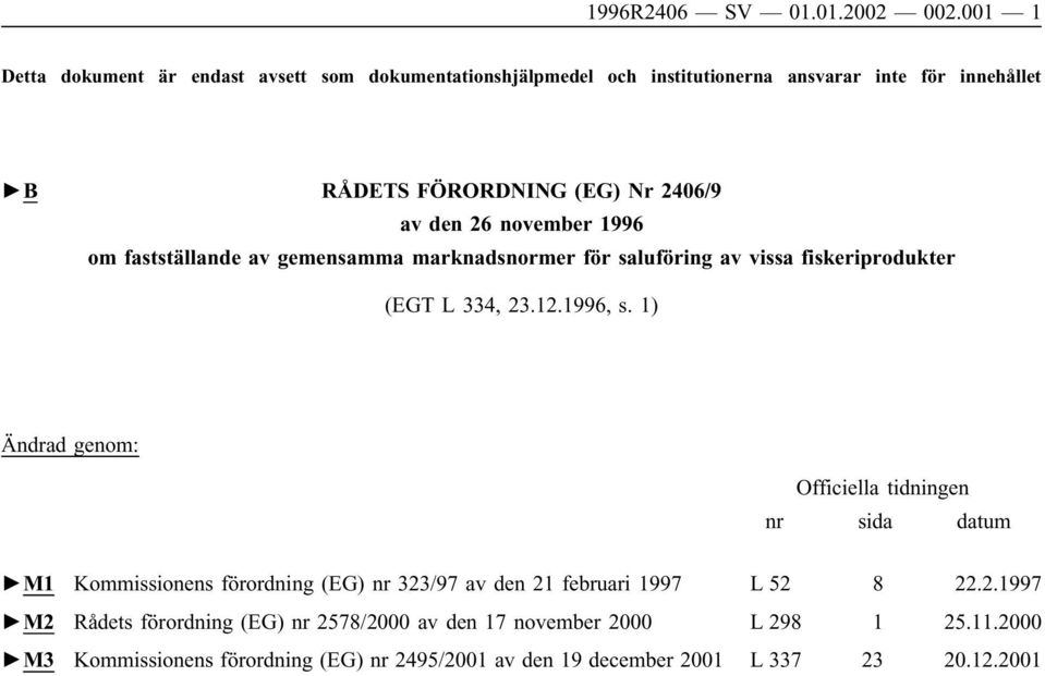 den 26 november 1996 om fastställande av gemensamma marknadsnormer för saluföring av vissa fiskeriprodukter (EGT L 334, 23.12.1996, s.