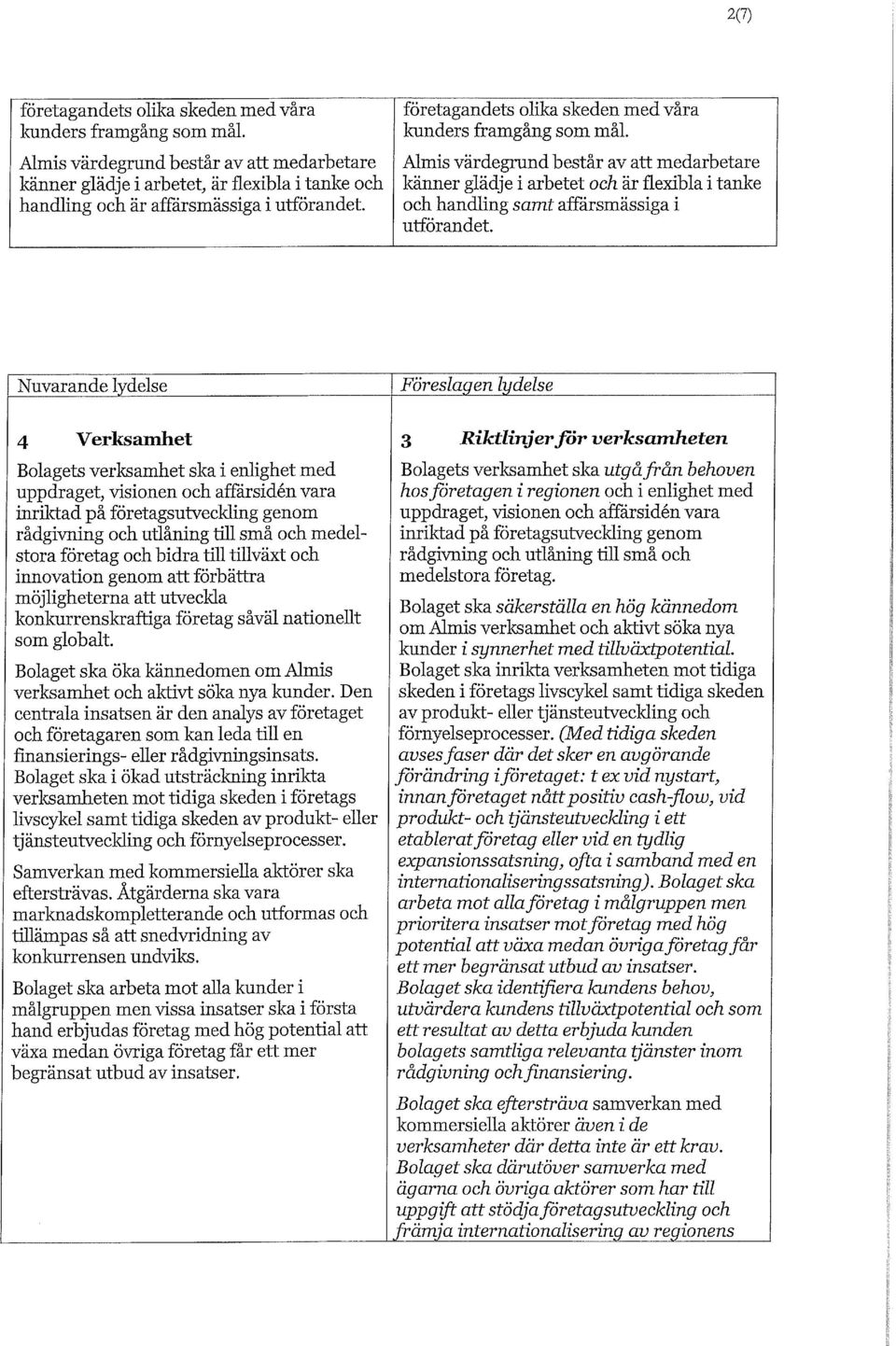 Almis värdegrund består av att medarbetare känner glädje i arbetet och är flexibla i tanke och handling samt affärsmässiga i utförandet.