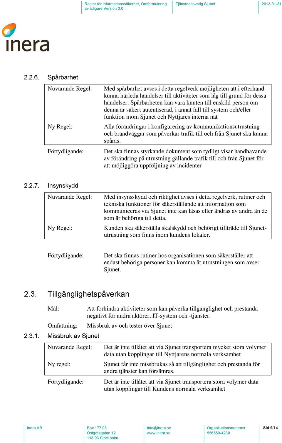 av kommunikationsutrustning och brandväggar som påverkar trafik till och från Sjunet ska kunna spåras.