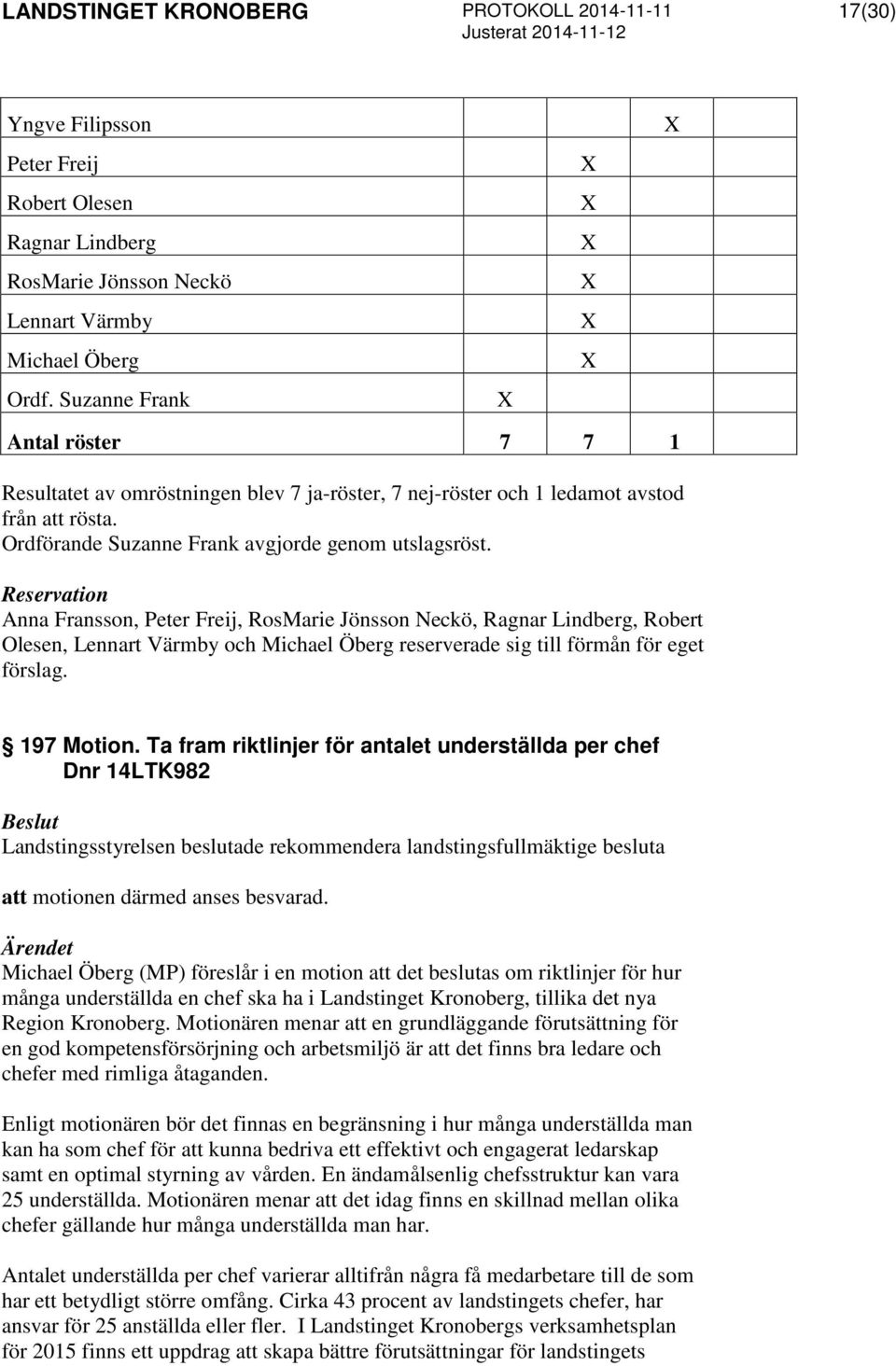 Reservation Anna Fransson, Peter Freij, RosMarie Jönsson Neckö, Ragnar Lindberg, Robert Olesen, Lennart Värmby och Michael Öberg reserverade sig till förmån för eget förslag. 197 Motion.