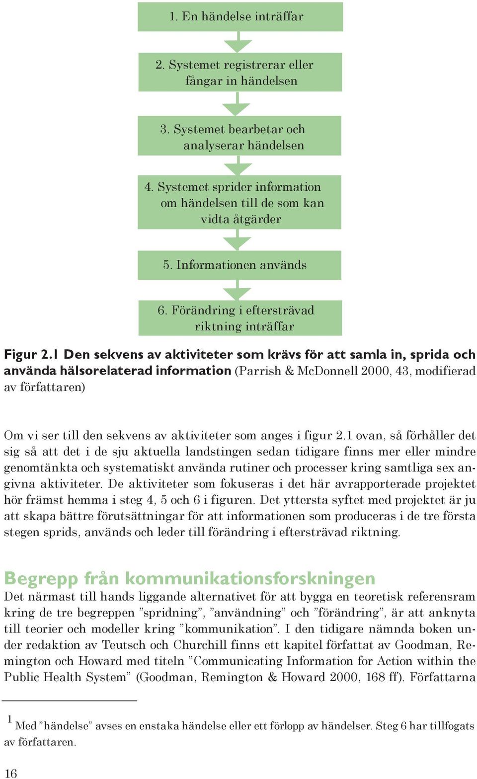 1 Den sekvens av aktiviteter som krävs för att samla in, sprida och använda hälsorelaterad information (Parrish & McDonnell 2000, 43, modifierad av författaren) Om vi ser till den sekvens av