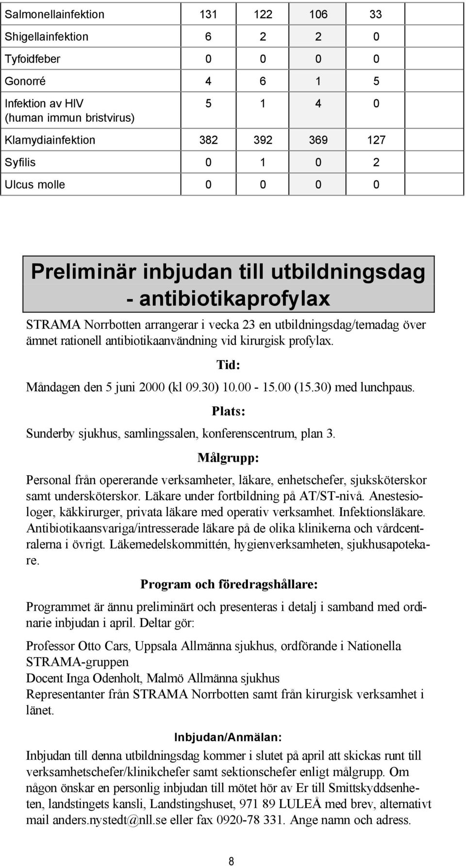 kirurgisk profylax. Tid: Måndagen den 5 juni 2000 (kl 09.30) 10.00-15.00 (15.30) med lunchpaus. Plats: Sunderby sjukhus, samlingssalen, konferenscentrum, plan 3.