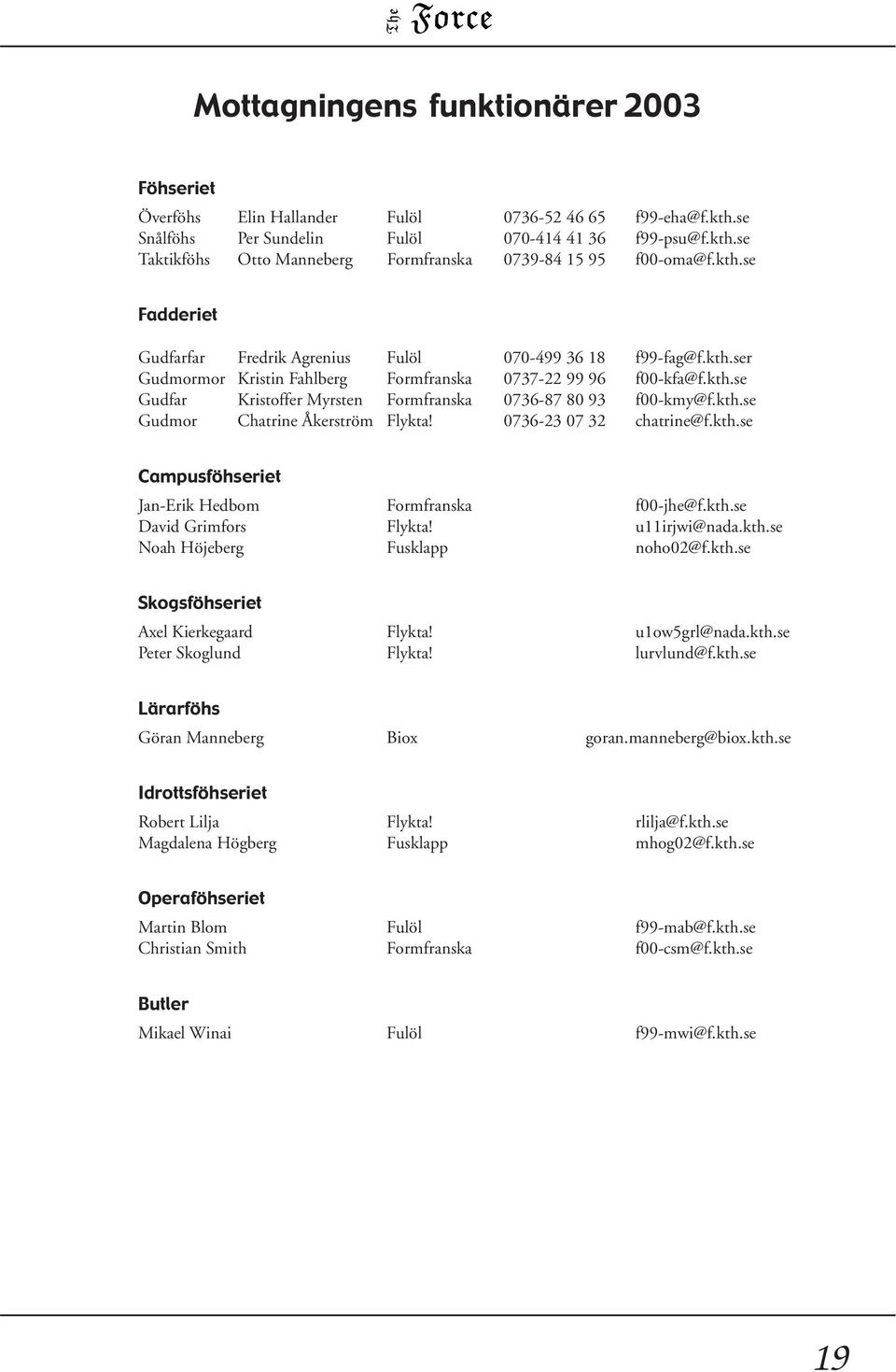 kth.se Gudmor Chatrine Åkerström Flykta! 0736-23 07 32 chatrine@f.kth.se Campusföhseriet Jan-Erik Hedbom Formfranska f00-jhe@f.kth.se David Grimfors Flykta! u11irjwi@nada.kth.se Noah Höjeberg Fusklapp noho02@f.