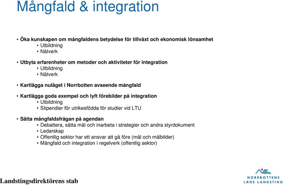 integration Stipendier för utrikesfödda för studier vid LTU Sätta mångfaldsfrågan på agendan Debattera, sätta mål och inarbeta i strategier