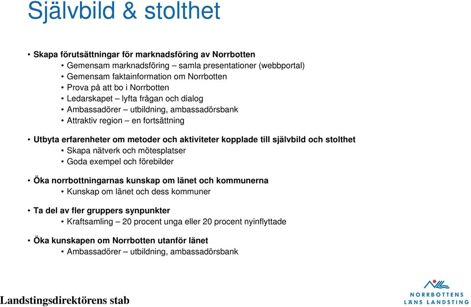 kopplade till självbild och stolthet Skapa nätverk och mötesplatser Goda exempel och förebilder Öka norrbottningarnas kunskap om länet och kommunerna Kunskap om länet och dess