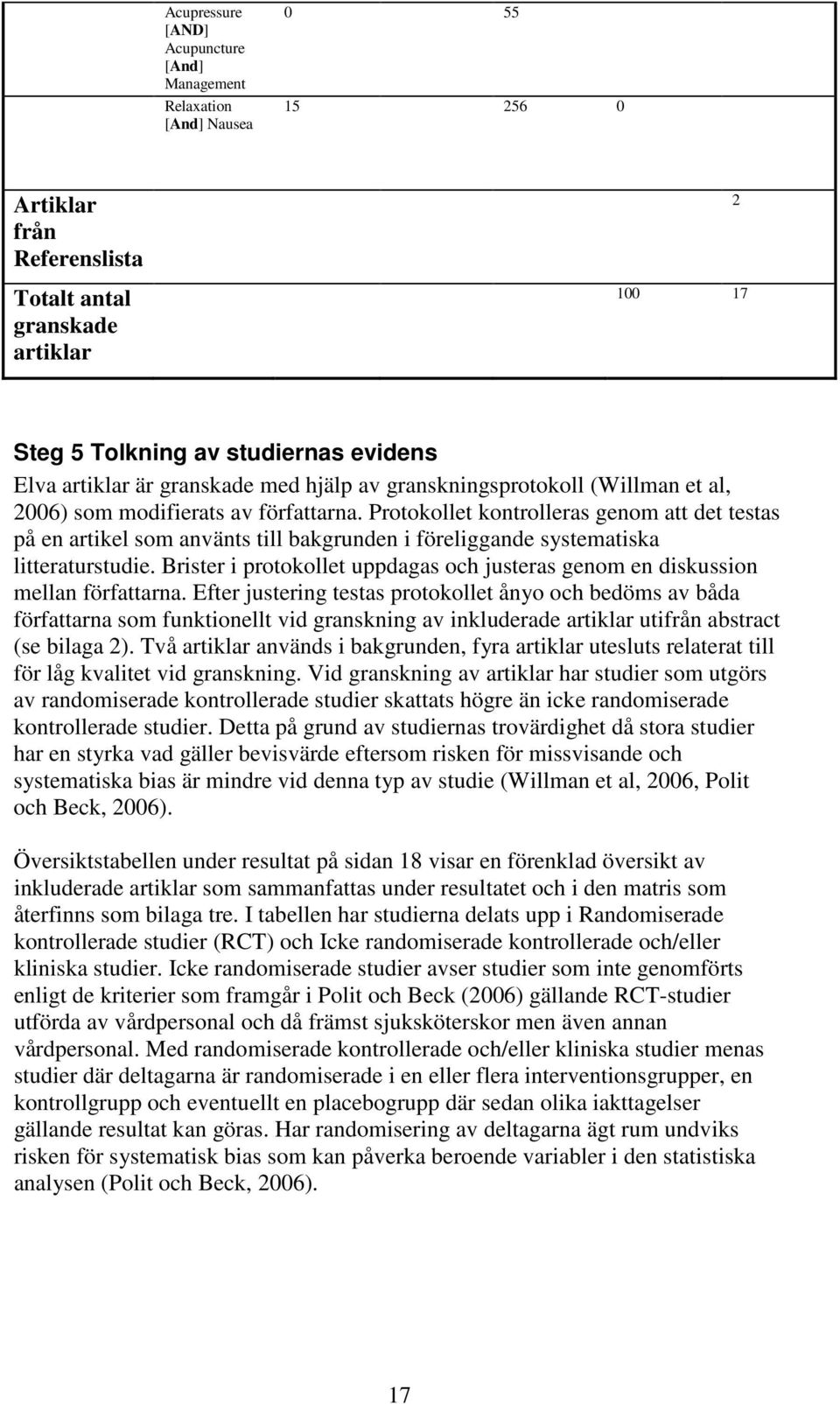 Protokollet kontrolleras genom att det testas på en artikel som använts till bakgrunden i föreliggande systematiska litteraturstudie.