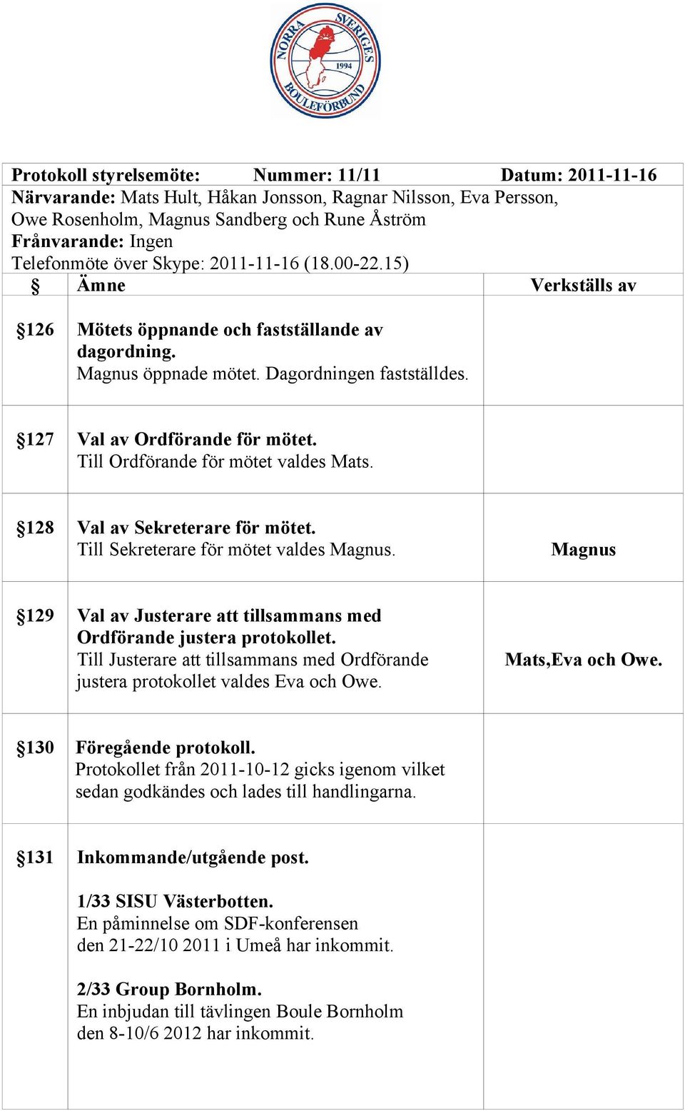 127 Val av Ordförande för mötet. Till Ordförande för mötet valdes Mats. 128 Val av Sekreterare för mötet. Till Sekreterare för mötet valdes Magnus.