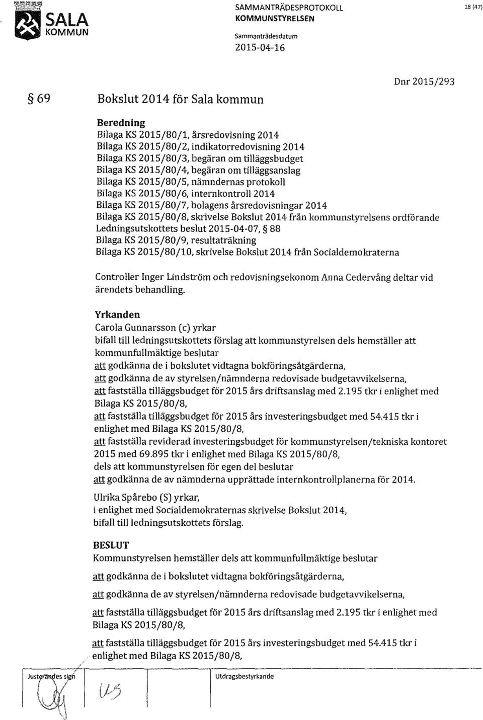 2015/80/8, skrivelse Bokslut 2014 från kommunstyrelsens ordförande Ledningsutskottets beslut 2015-04-07, 88 Bilaga KS 2015/80/9, resultaträkning Bilaga KS 2015/80/10, skrivelse Bokslut 2014 från