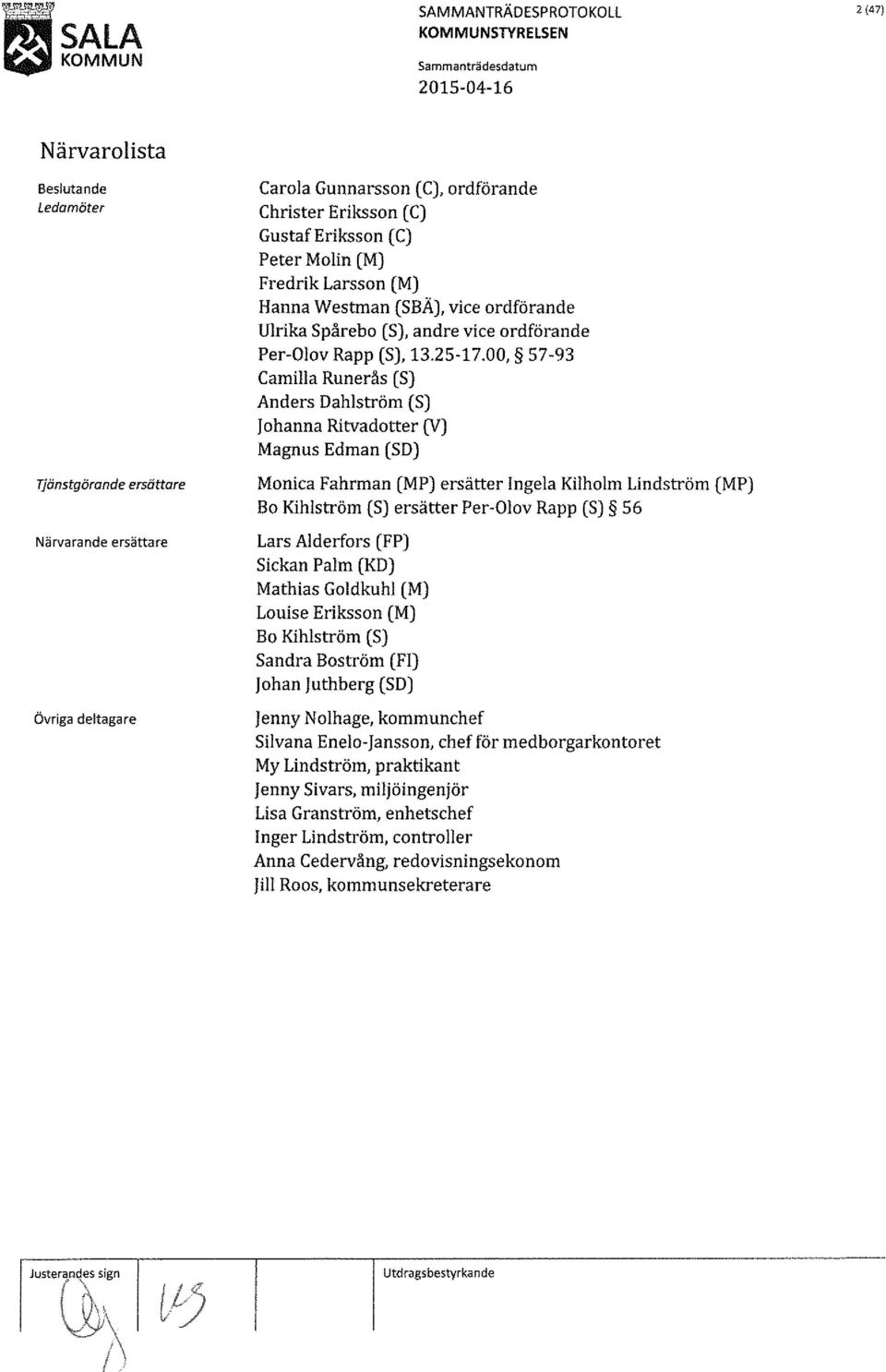 00, 57-93 Camilla Runerås (S) Anders Dahlström (S) j ohanna Ritvadatter (V) Magnus Edman (SD) Monica Fahrman (MP) ersätter lngela Kilholm Lindström (MP) Bo Kihlström (S) ersätter Per-Olov Rapp (S) 56