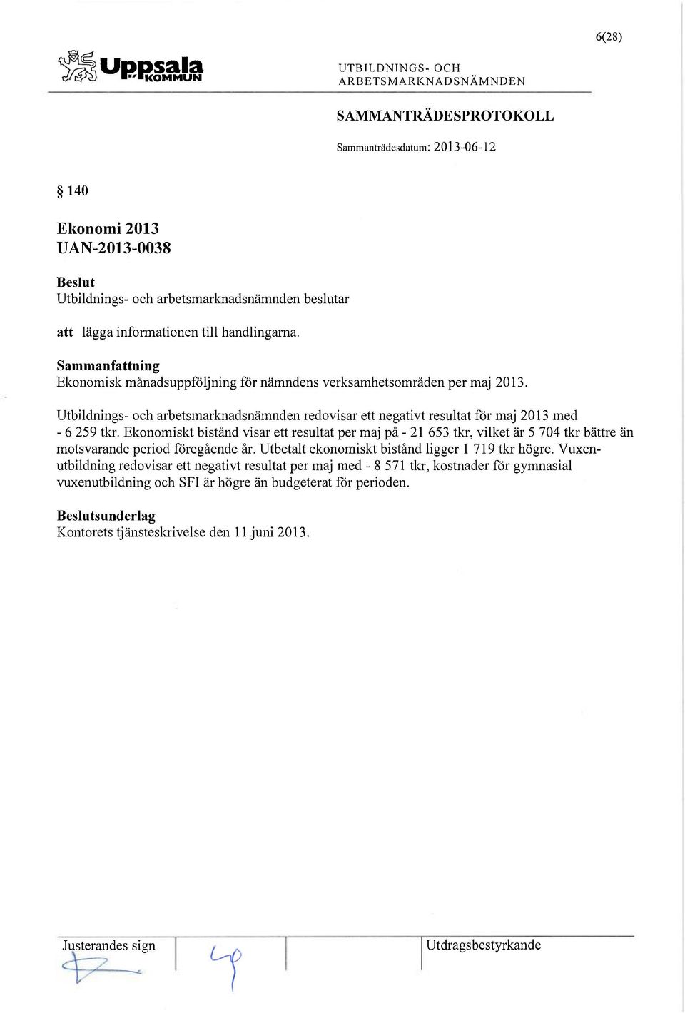 Ekonomiskt bistånd visar ett resultat per maj på - 21 653 tio, vilket är 5 704 tio bättre än motsvarande period föregående år.