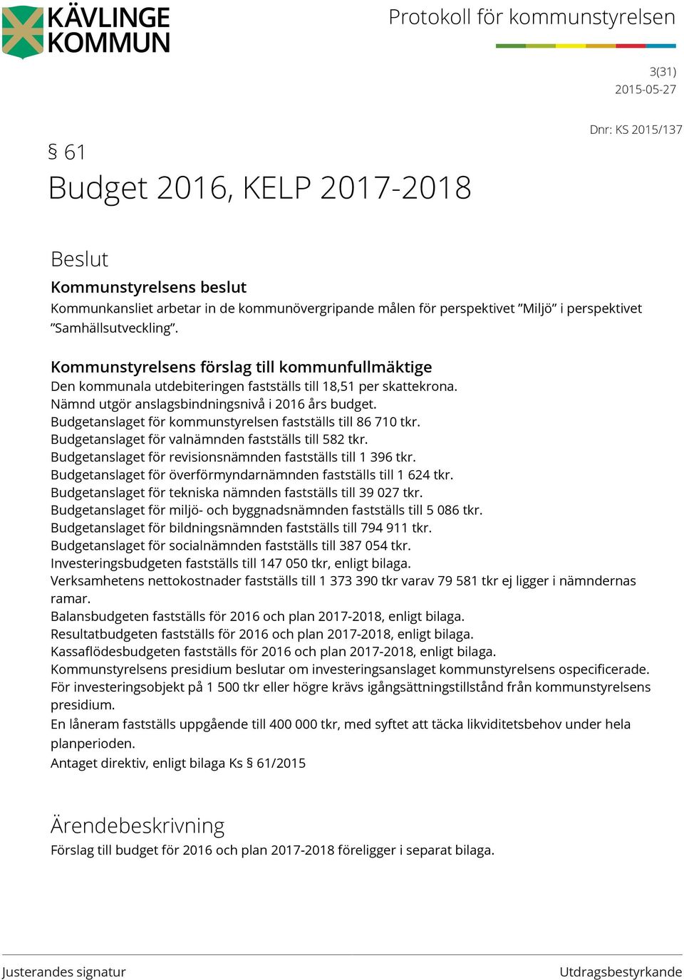 Budgetanslaget för kommunstyrelsen fastställs till 86 710 tkr. Budgetanslaget för valnämnden fastställs till 582 tkr. Budgetanslaget för revisionsnämnden fastställs till 1 396 tkr.