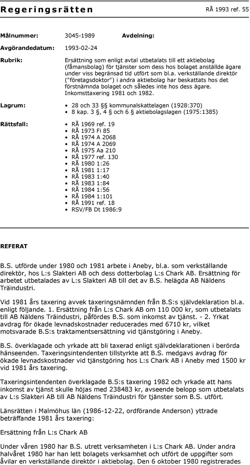 viss begränsad tid utfört som bl.a. verkställande direktör ("företagsdoktor") i andra aktiebolag har beskattats hos det förstnämnda bolaget och således inte hos dess ägare.