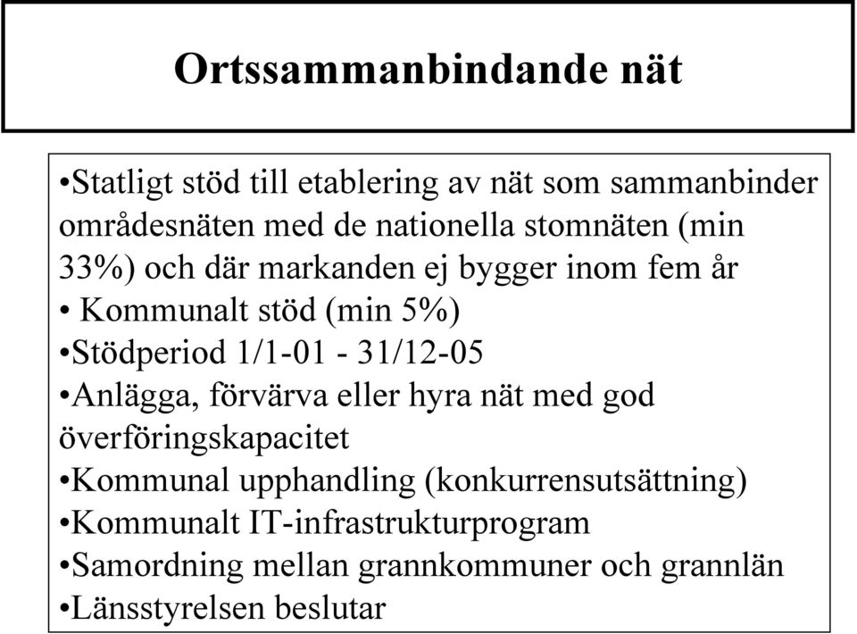 1/1-01 - 31/12-05 Anlägga, förvärva eller hyra nät med god överföringskapacitet Kommunal upphandling