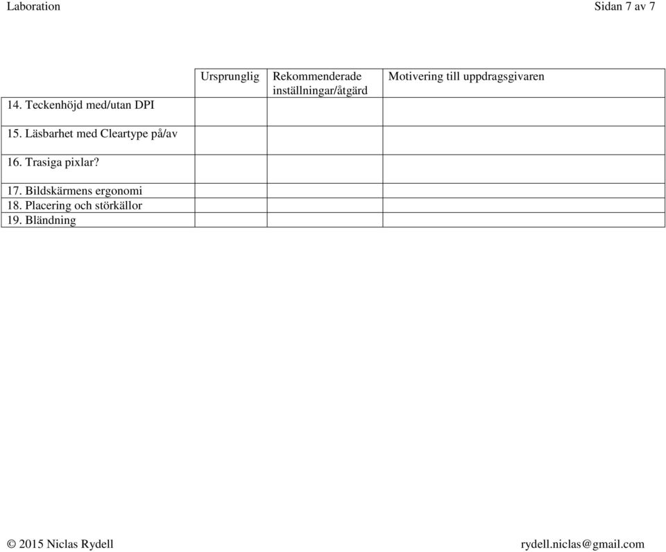 inställningar/åtgärd Motivering till uppdragsgivaren 15.