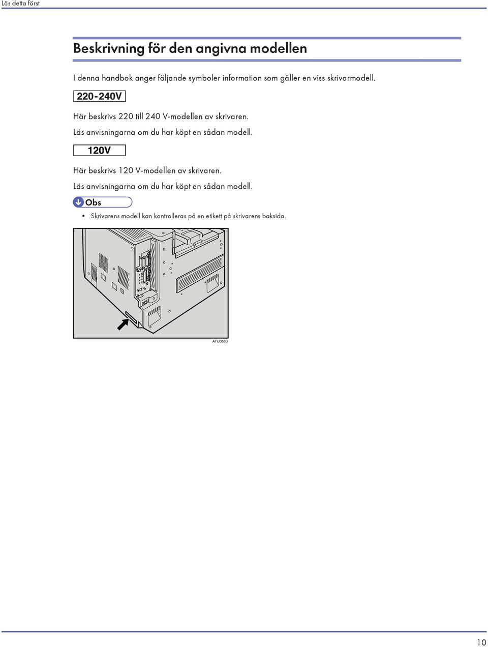 Läs anvisningarna om du har köpt en sådan modell. Här beskrivs 120 V-modellen av skrivaren.
