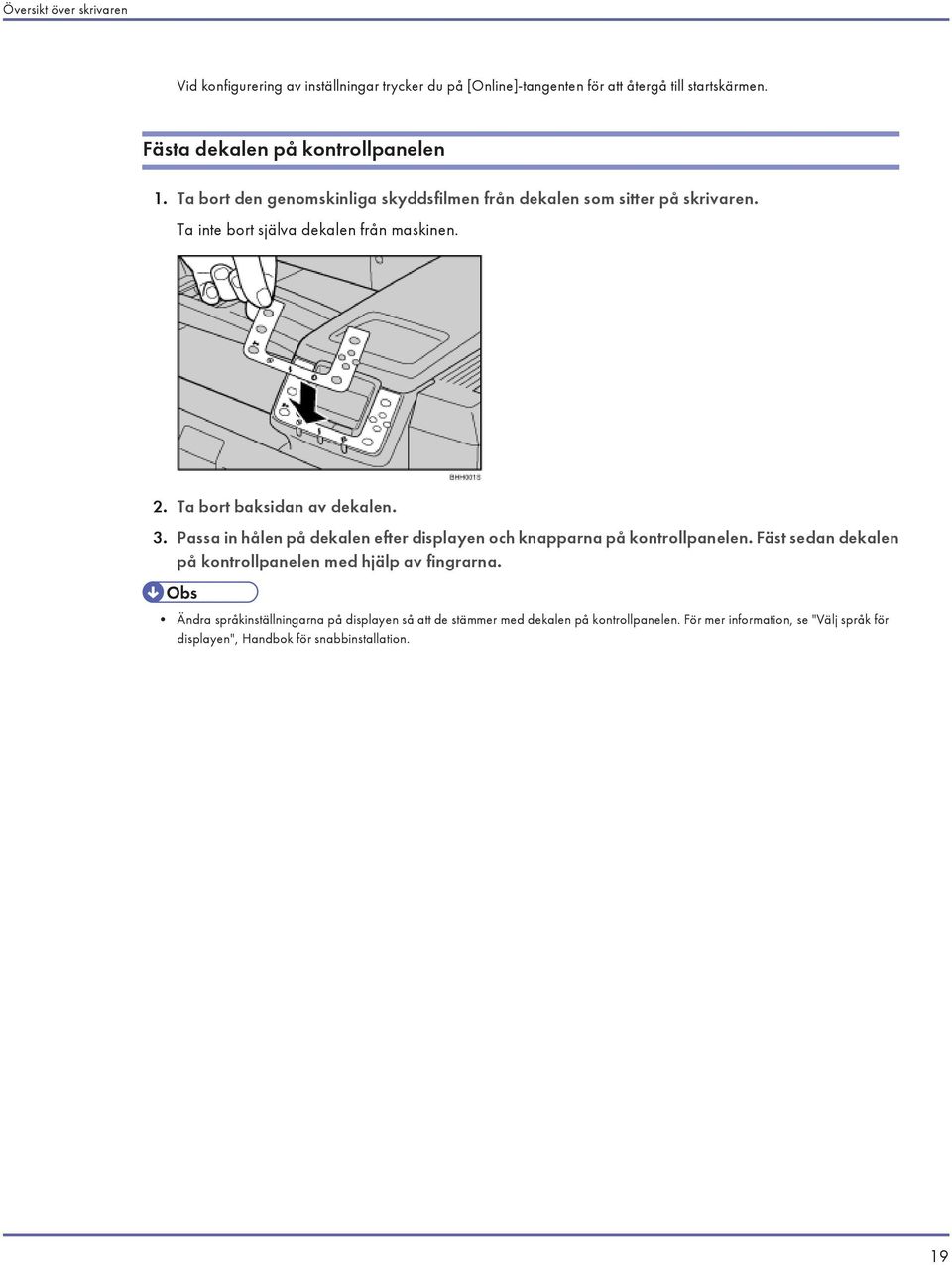 Ta bort baksidan av dekalen. 3. Passa in hålen på dekalen efter displayen och knapparna på kontrollpanelen.