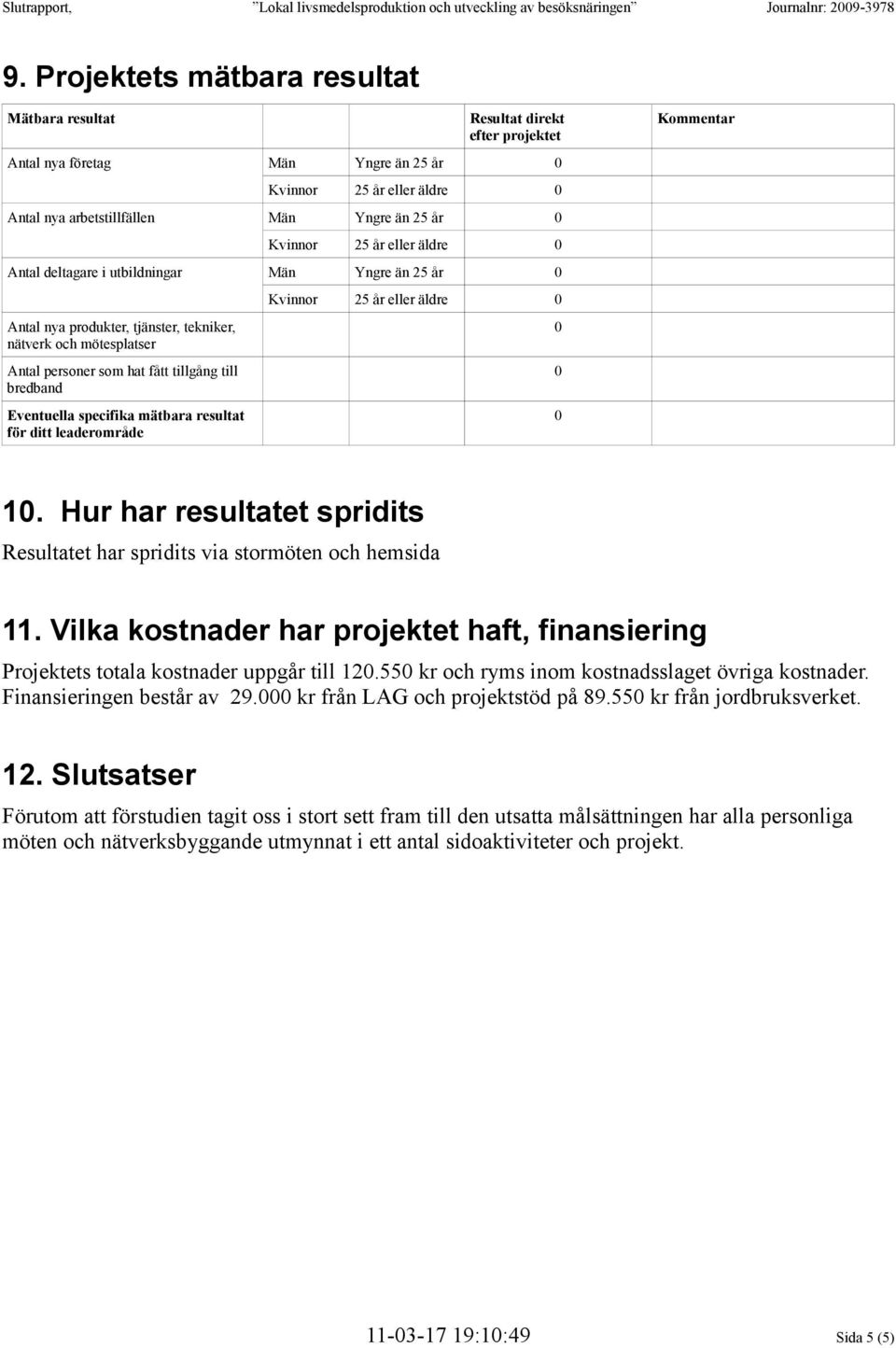 Kommentar 1. Hur har resultatet spridits Resultatet har spridits via stormöten och hemsida 11. Vilka kostnader har projektet haft, finansiering Projektets totala kostnader uppgår till 12.