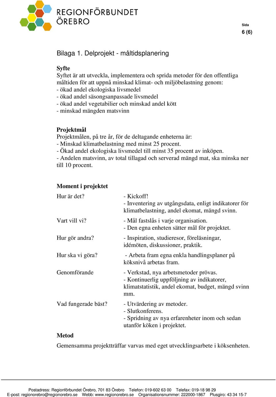 ekologiska livsmedel - ökad andel säsongsanpassade livsmedel - ökad andel vegetabilier och minskad andel kött - minskad mängden matsvinn Projektmål Projektmålen, på tre år, för de deltagande