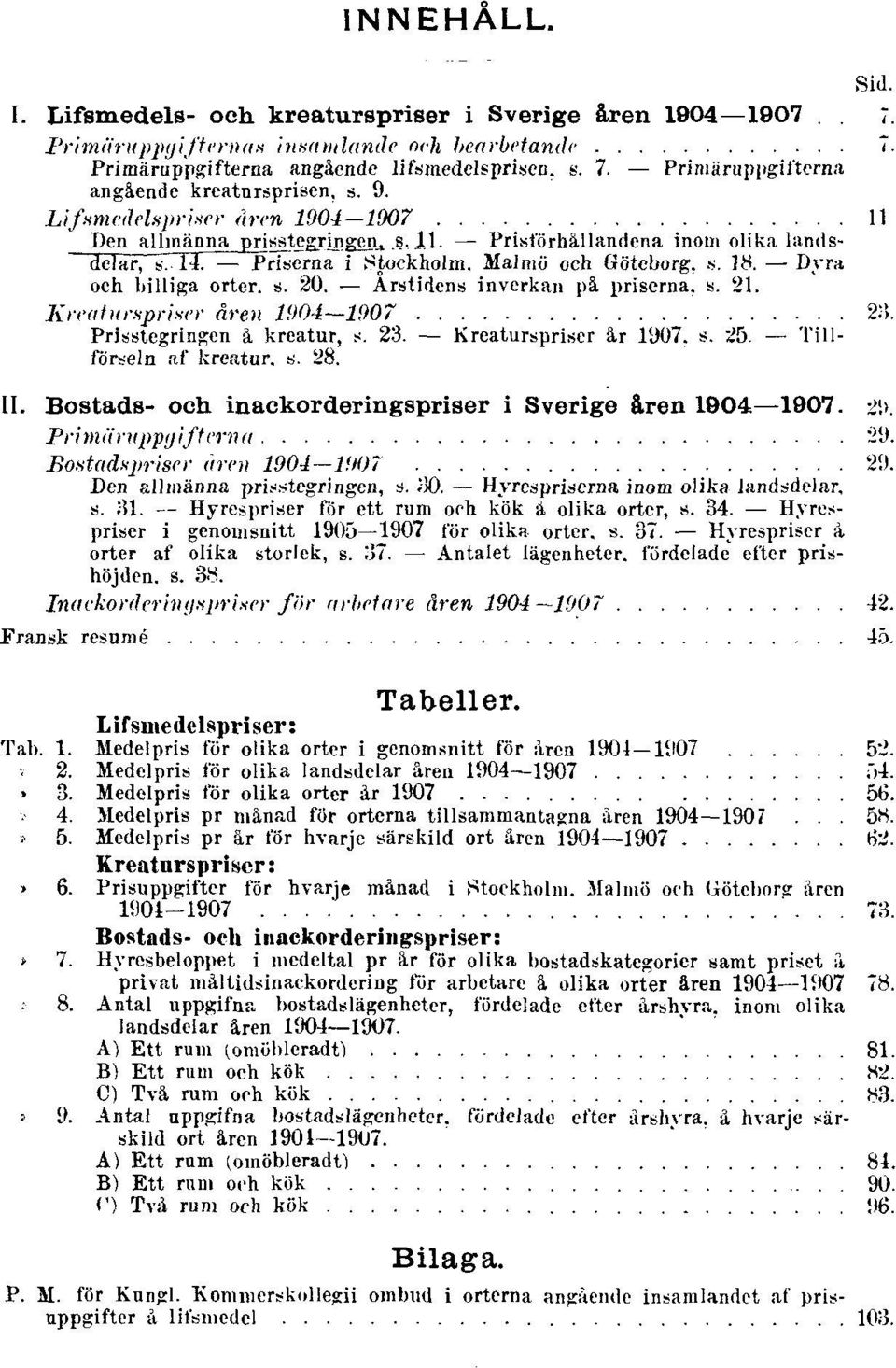 20. Årstidens inverkan på priserna, s. 21. Kreaturspriser åren 1904 1907 23. Prisstegringen å kreatur, s. 23. Kreaturspriser år 1907, s. 25. Tillförseln af kreatur, s. 28. II.