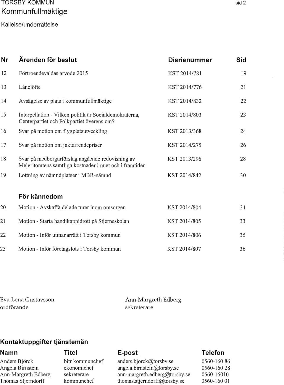 16 Svar på motion om flygplatsutveckling KST 2013/368 17 Svar på motion om jaktarrendepriser KST 2014/275 18 Svar på medborgarförslag angående redovisning av KST 2013/296 Mejeritomtens samtliga