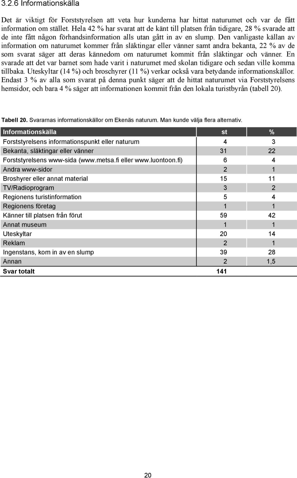 Den vanligaste källan av information om naturumet kommer från släktingar eller vänner samt andra bekanta, 22 % av de som svarat säger att deras kännedom om naturumet kommit från släktingar och vänner.