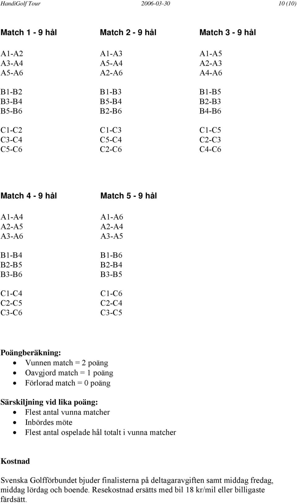 Poängberäkning: Vunnen match = 2 poäng Oavgjord match = 1 poäng Förlorad match = 0 poäng Särskiljning vid lika poäng: Flest antal vunna matcher Inbördes möte Flest antal ospelade hål totalt