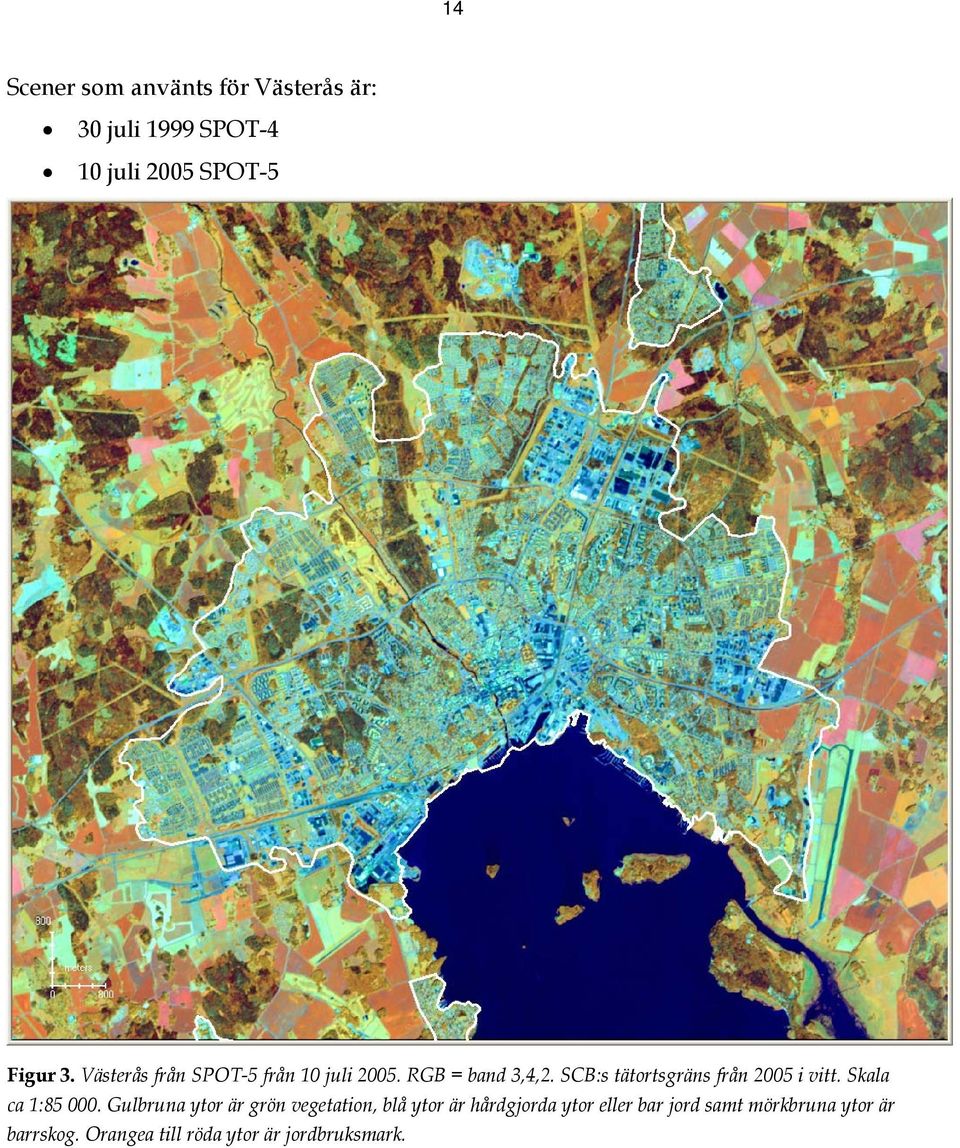 SCB:s tätortsgräns från 2005 i vitt. Skala ca 1:85 000.