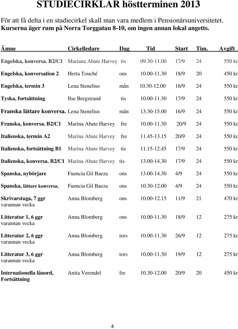30 18/9 20 450 kr Engelska, termin 3 Lena Stenelius mån 10.30-12.00 16/9 24 550 kr Tyska, fortsättning Ilse Bergstrand tis 10.00-11.30 17/9 24 550 kr Franska lättare konversa. Lena Stenelius mån 13.