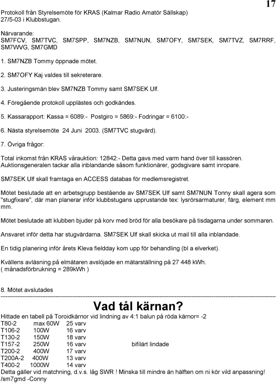 Kassarapport: Kassa = 6089:- Postgiro = 5869:- Fodringar = 6100:- 6. Nästa styrelsemöte 24 Juni 2003. (SM7TVC stugvärd). 7.