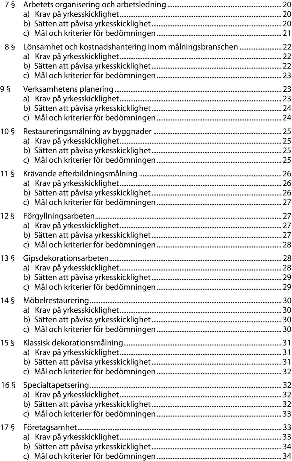 .. 23 9 Verksamhetens planering... 23 a) Krav på yrkesskicklighet... 23 b) Sätten att påvisa yrkesskicklighet... 24 c) Mål och kriterier för bedömningen... 24 10 Restaureringsmålning av byggnader.