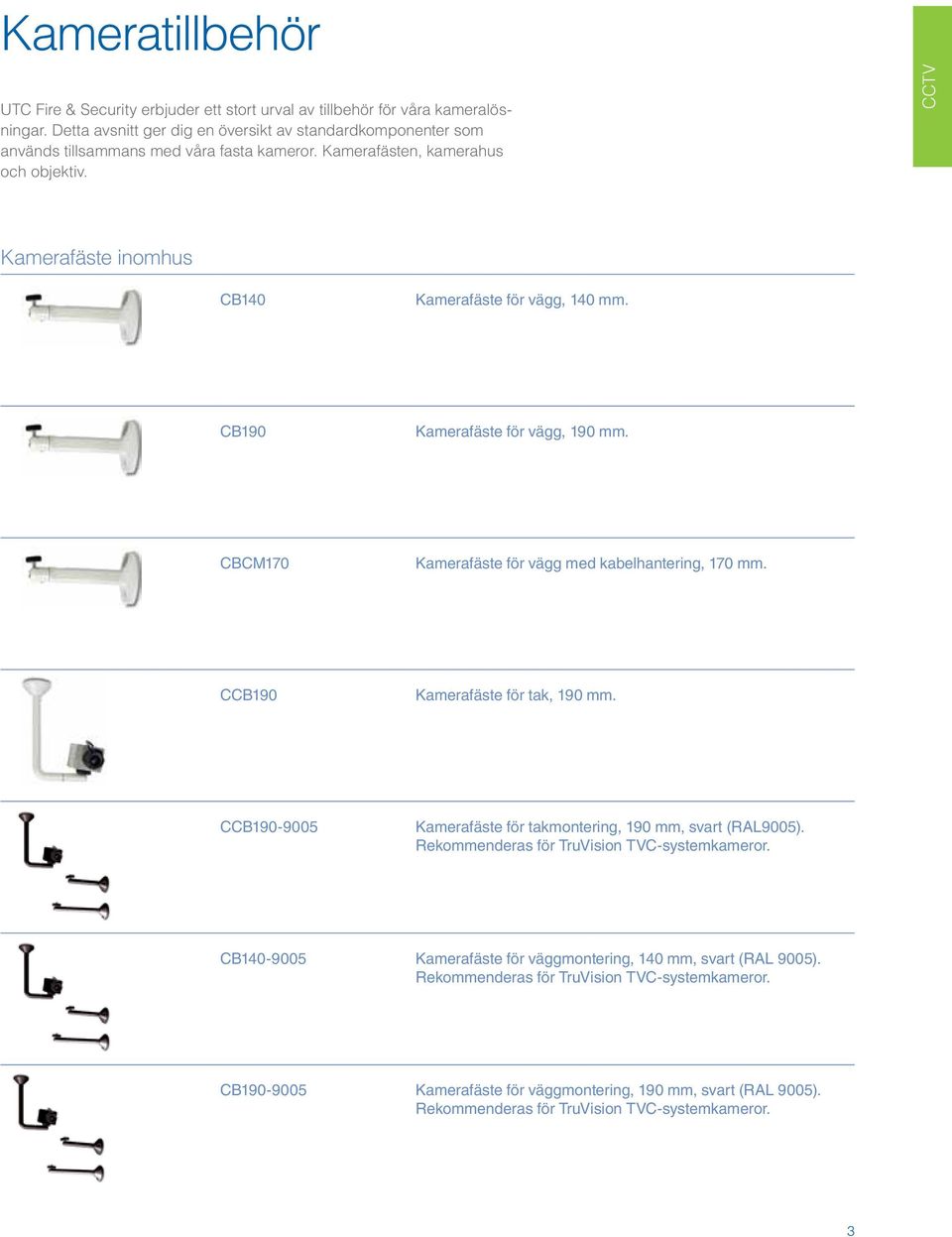 Kamerafäste inomhus CB140 Kamerafäste för vägg, 140 mm. CB190 Kamerafäste för vägg, 190 mm. CBCM170 Kamerafäste för vägg med kabelhantering, 170 mm. CCB190 Kamerafäste för tak, 190 mm.