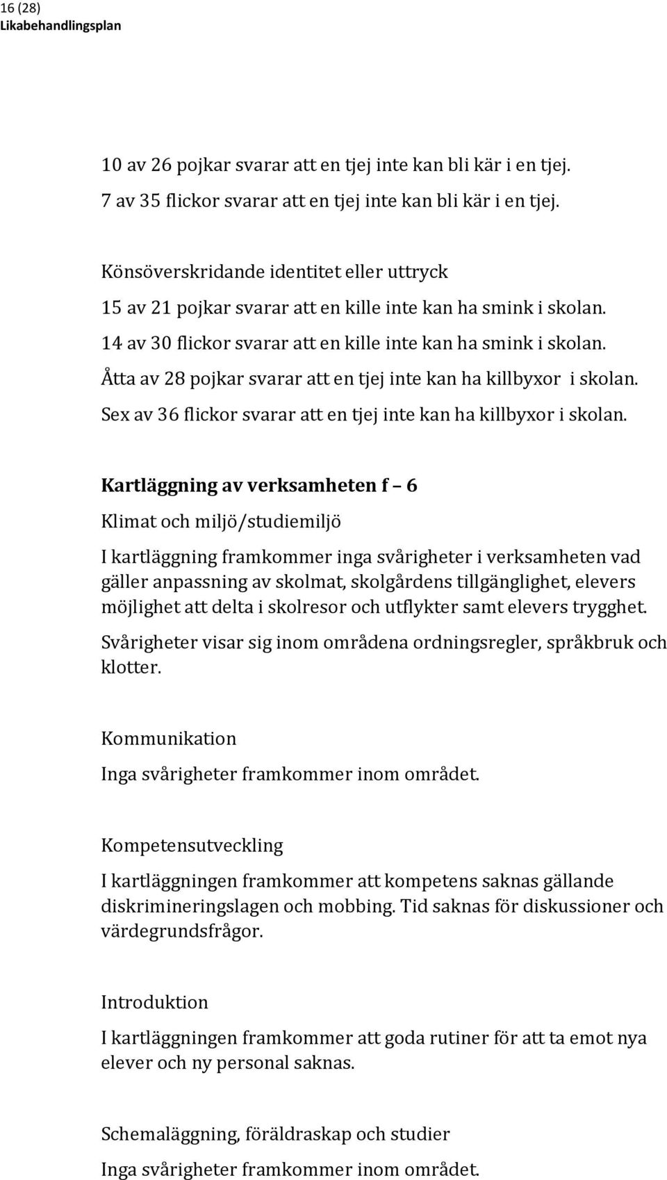 Åtta av 28 pojkar svarar att en tjej inte kan ha killbyxor i skolan. Sex av 36 flickor svarar att en tjej inte kan ha killbyxor i skolan.