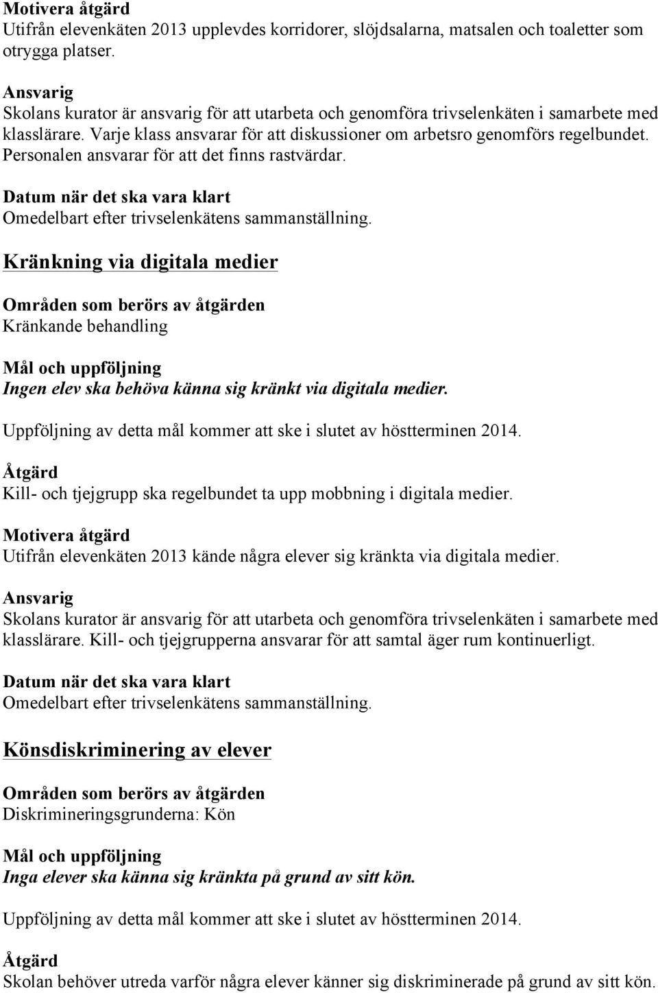 Personalen ansvarar för att det finns rastvärdar. Datum när det ska vara klart Omedelbart efter trivselenkätens sammanställning.