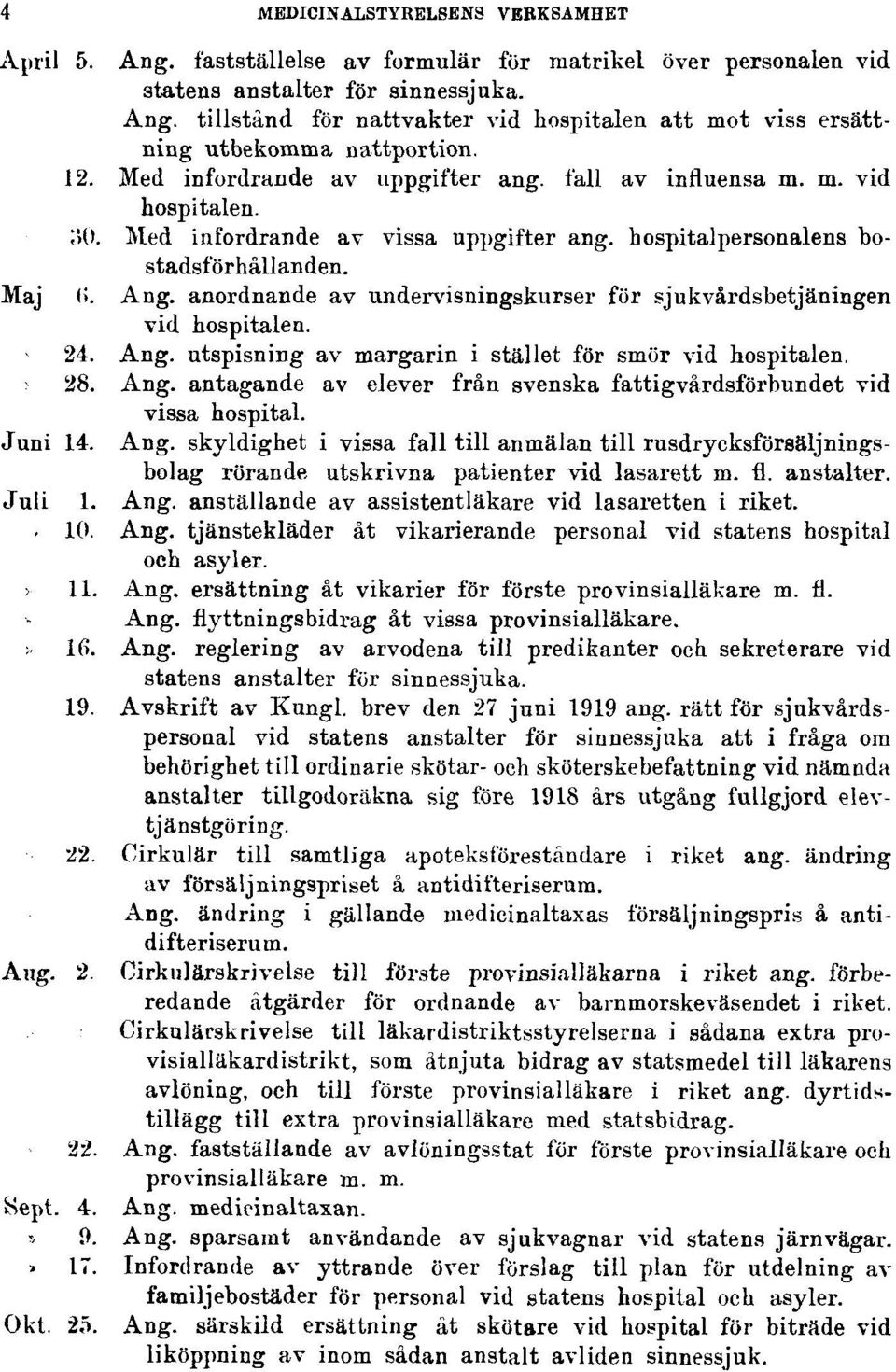 anordnande av undervisningskurser för sjukvårdsbetjäningen vid hospitalen. 24. Ang. utspisning av margarin i stället för smör vid hospitalen. 28. Ang. antagande av elever från svenska fattigvårdsförbundet vid vissa hospital.