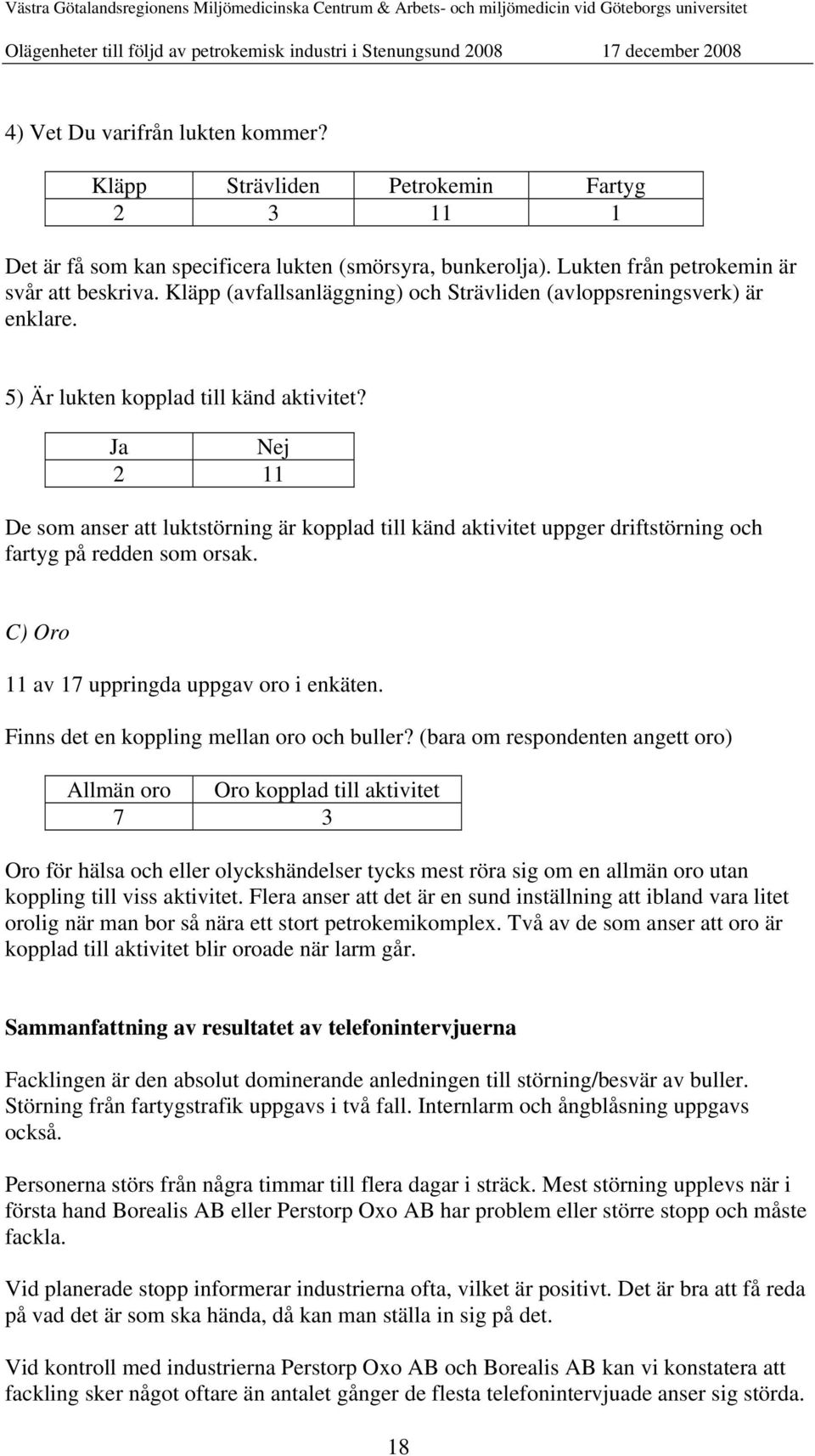 Ja Nej 2 11 De som anser att luktstörning är kopplad till känd aktivitet uppger driftstörning och fartyg på redden som orsak. C) Oro 11 av 17 uppringda uppgav oro i enkäten.