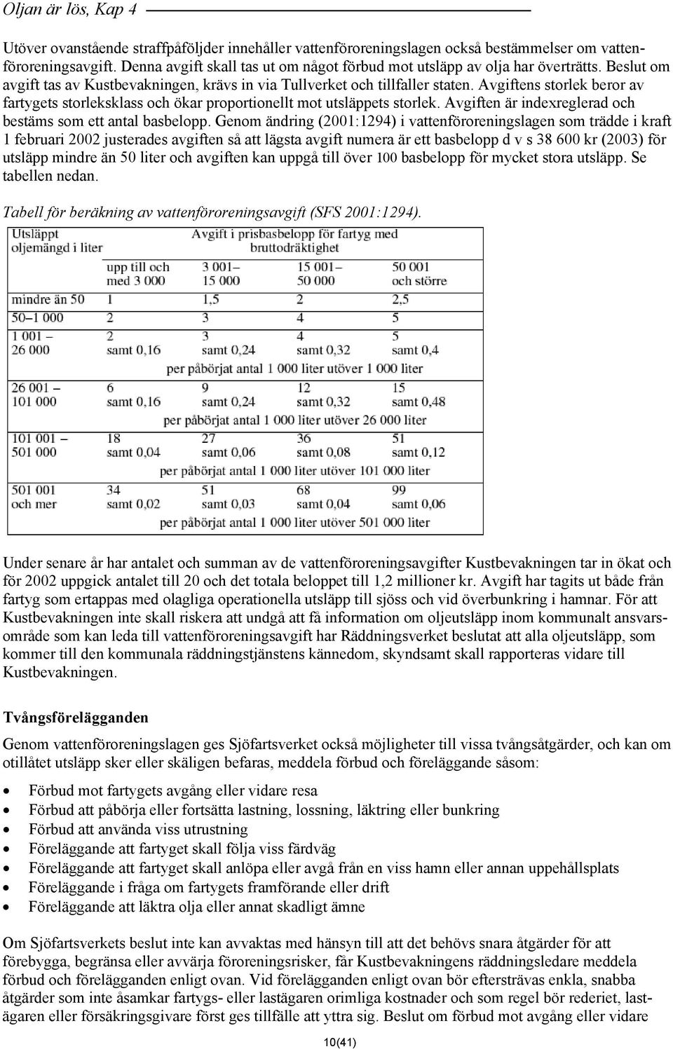 Avgiftens storlek beror av fartygets storleksklass och ökar proportionellt mot utsläppets storlek. Avgiften är indexreglerad och bestäms som ett antal basbelopp.