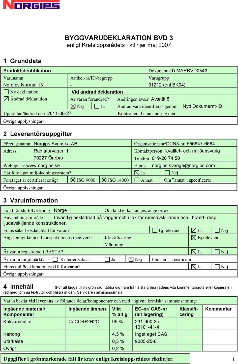 Ändringen avser Avsnitt 5 Nej Ja Ändrad vara identifieras genom Nytt Dokumernt-ID Upprättad/ändrad den 2011-06-27 Kontrollerad utan ändring den 2 Leverantörsuppgifter Företagsnamn Norgips Svenska AB