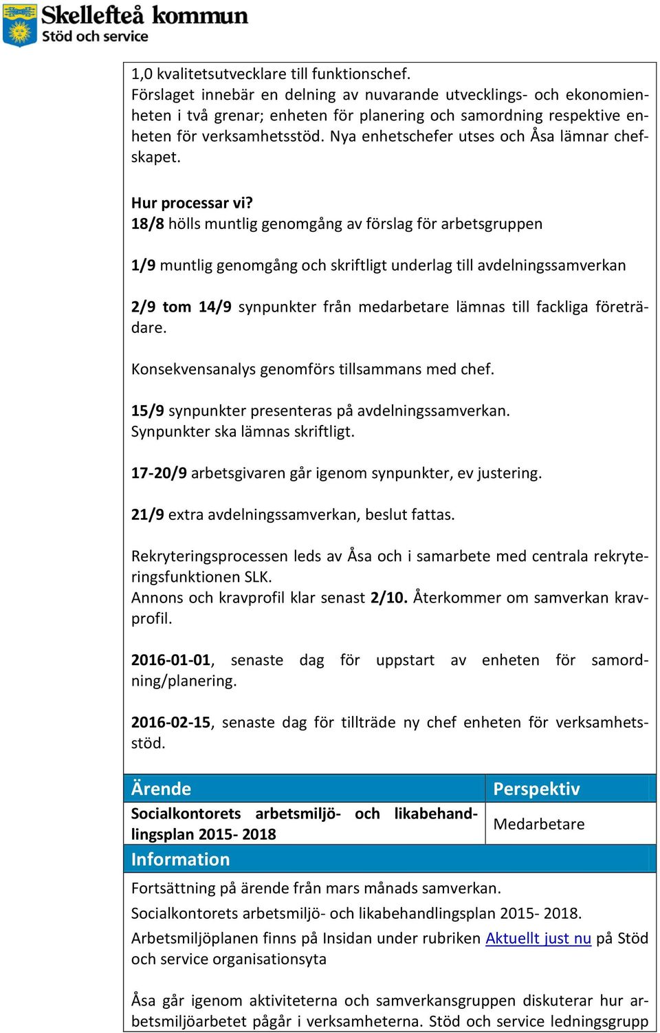 Nya enhetschefer utses och Åsa lämnar chefskapet. Hur processar vi?