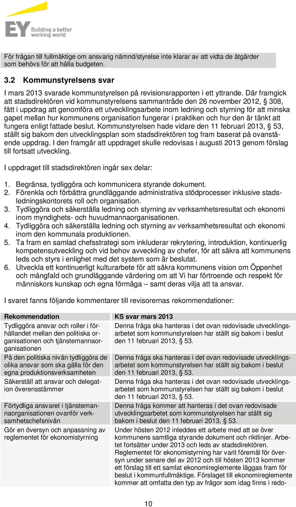 Där framgick att stadsdirektören vid kommnstyrelsens sammanträde den 26 november 2012, 308, fått i ppdrag att genomföra ett tvecklingsarbete inom ledning och styrning för att minska gapet mellan hr