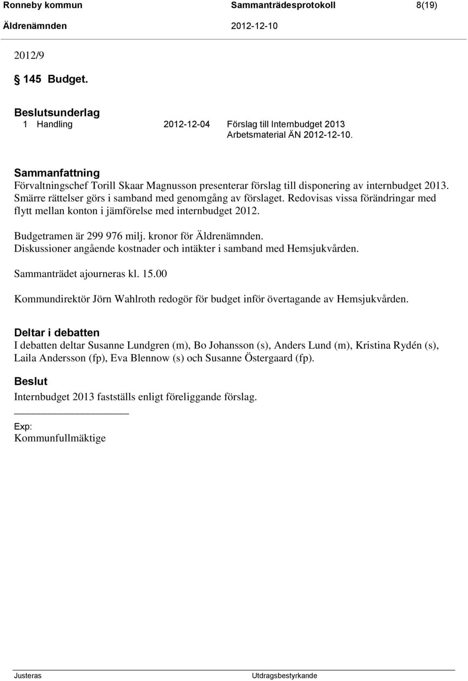 Redovisas vissa förändringar med flytt mellan konton i jämförelse med internbudget 2012. Budgetramen är 299 976 milj. kronor för Äldrenämnden.