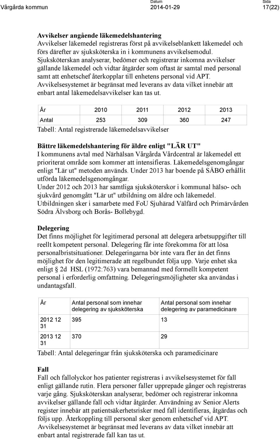 vid APT. Avvikelsesystemet är begränsat med leverans av data vilket innebär att enbart antal läkemedelsavvikelser kan tas ut.