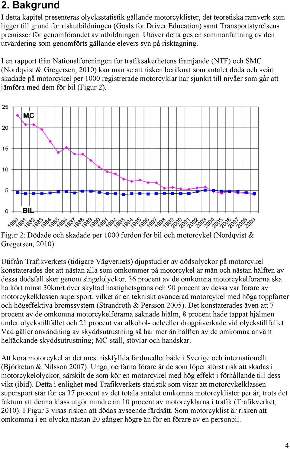 I en rapport från Nationalföreningen för trafiksäkerhetens främjande (NTF) och SMC (Nordqvist & Gregersen, 2010) kan man se att risken beräknat som antalet döda och svårt skadade på motorcykel per