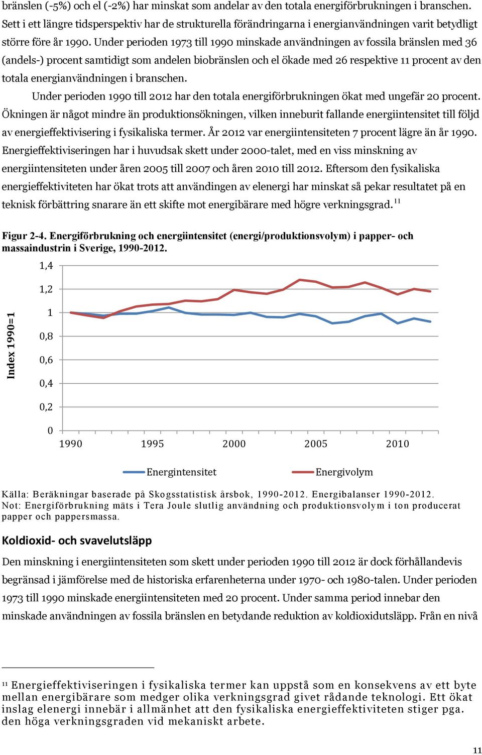 Under perioden 1973 till 1990 minskade användningen av fossila bränslen med 36 (andels-) procent samtidigt som andelen biobränslen och el ökade med 26 respektive 11 procent av den totala