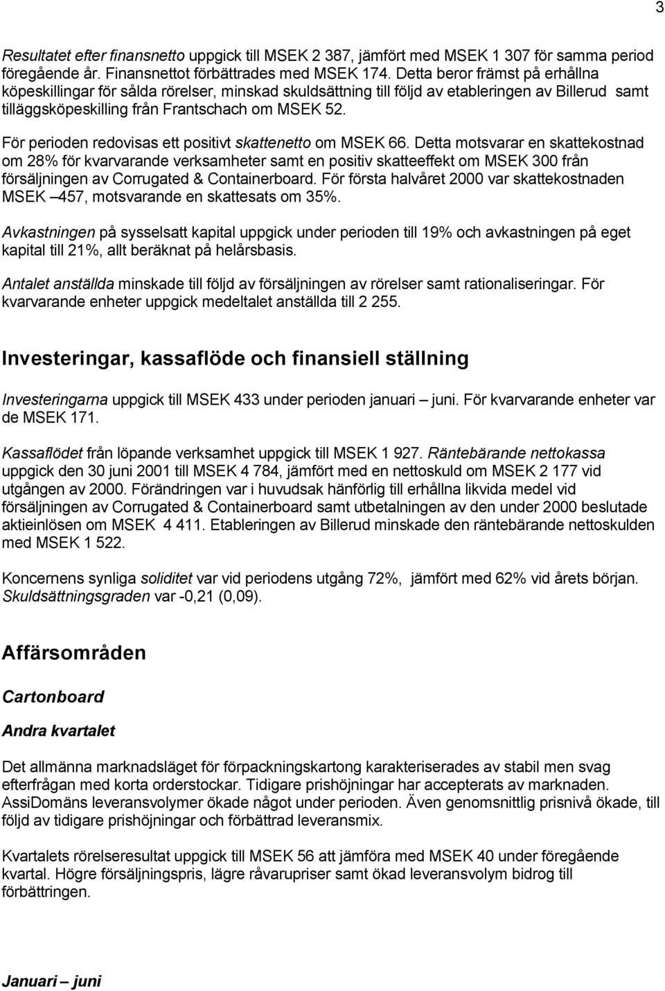 För perioden redovisas ett positivt skattenetto om MSEK 66.