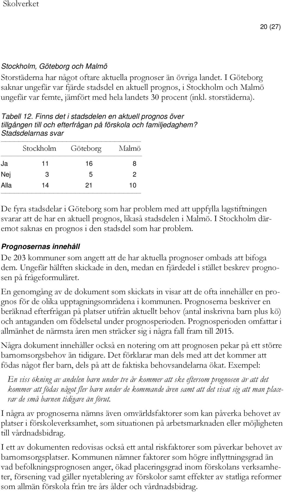 Finns det i stadsdelen en aktuell prognos över tillgången till och efterfrågan på förskola och familjedaghem?