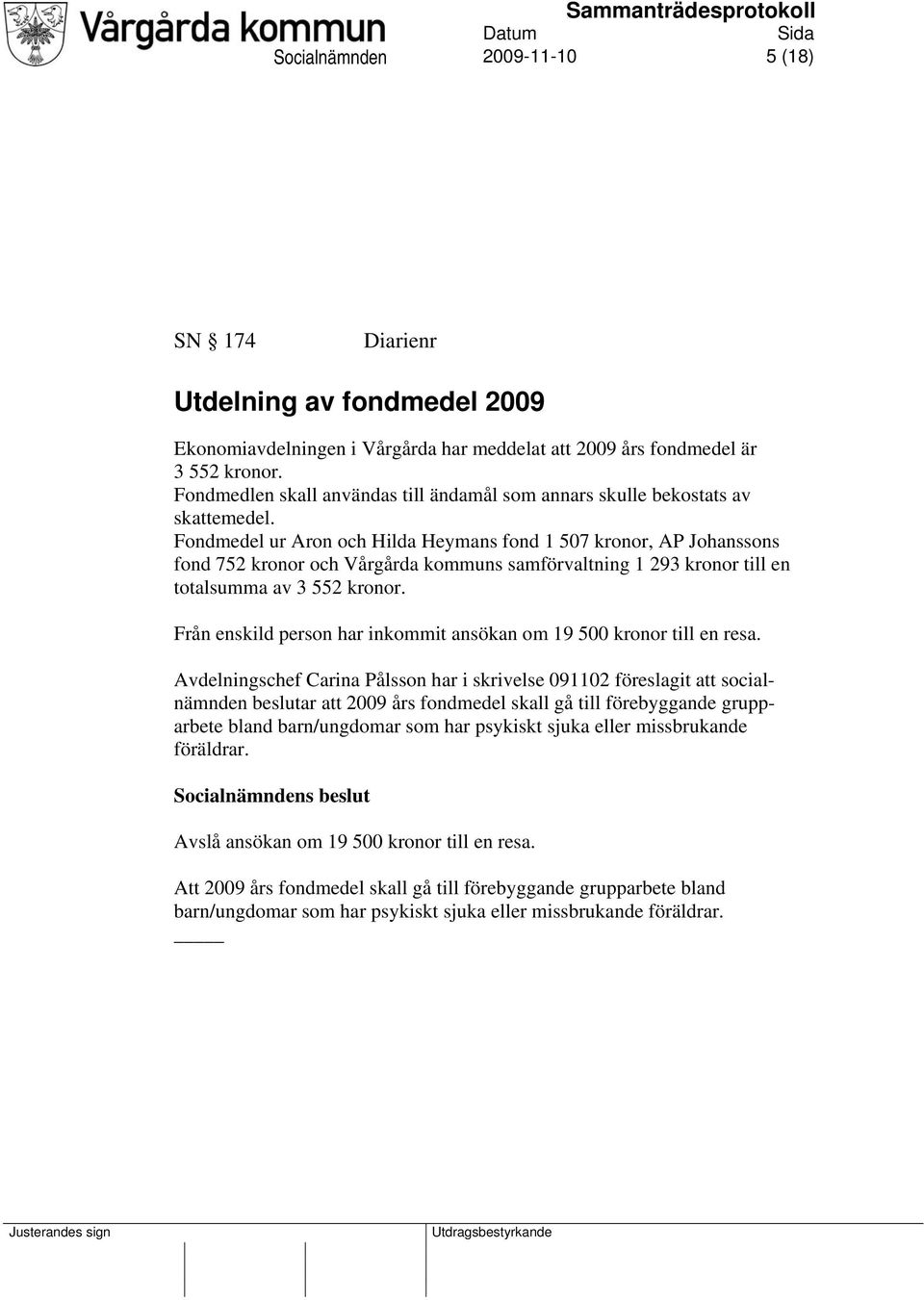 Fondmedel ur Aron och Hilda Heymans fond 1 507 kronor, AP Johanssons fond 752 kronor och Vårgårda kommuns samförvaltning 1 293 kronor till en totalsumma av 3 552 kronor.