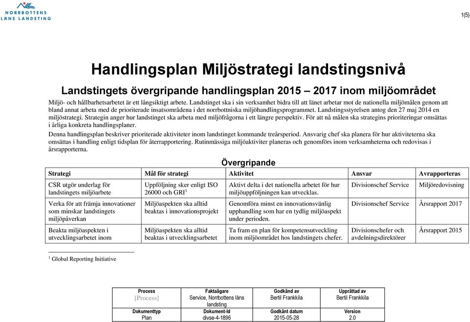 Landstingsstyrelsen antog den 27 maj 2014 en miljöstrategi. Strategin anger hur et ska arbeta med miljöfrågorna i ett längre perspektiv.