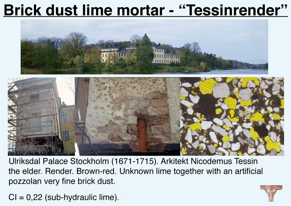 Unknown lime together with an artificial pozzolan very fine brick dust. Ulriksdals slott. Nordöstra flygelns norra fasad med rester av puts av tegelmjölskalkbruk. Fig. 5:3. Foto: Sölve Johansson 1985.