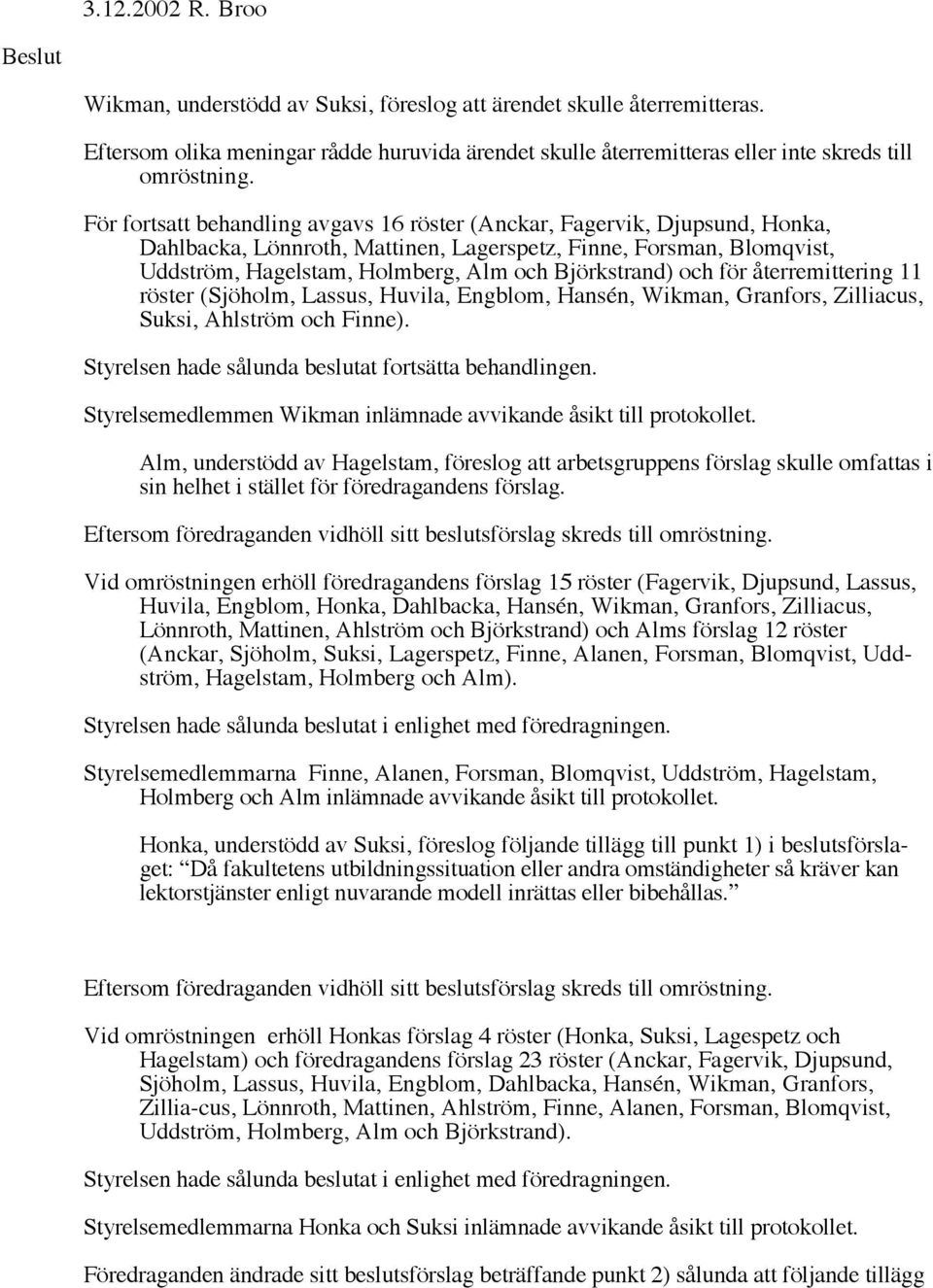 För fortsatt behandling avgavs 16 röster (Anckar, Fagervik, Djupsund, Honka, Dahlbacka, Lönnroth, Mattinen, Lagerspetz, Finne, Forsman, Blomqvist, Uddström, Hagelstam, Holmberg, Alm och Björkstrand)